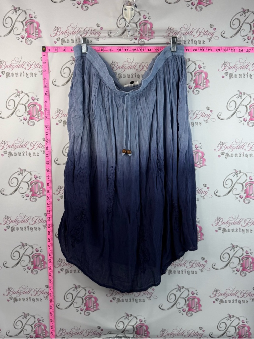 NWD High-Low Maxi Skirt in Blue Ombre with a beaded drawstring